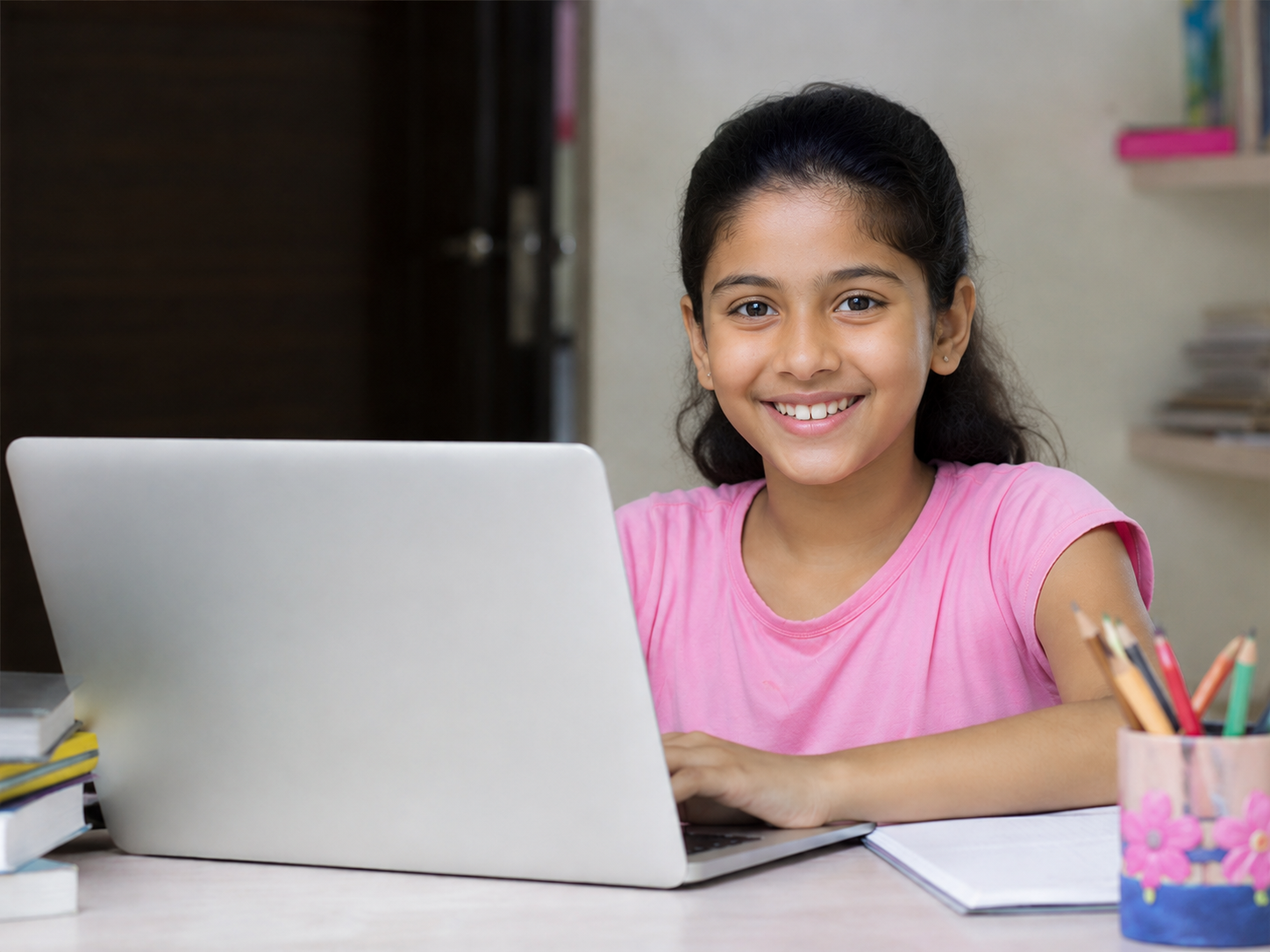 A happy student building with AI on a laptop